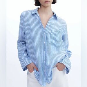 H&M Ladies Blue Striped 100% Linen Shirt